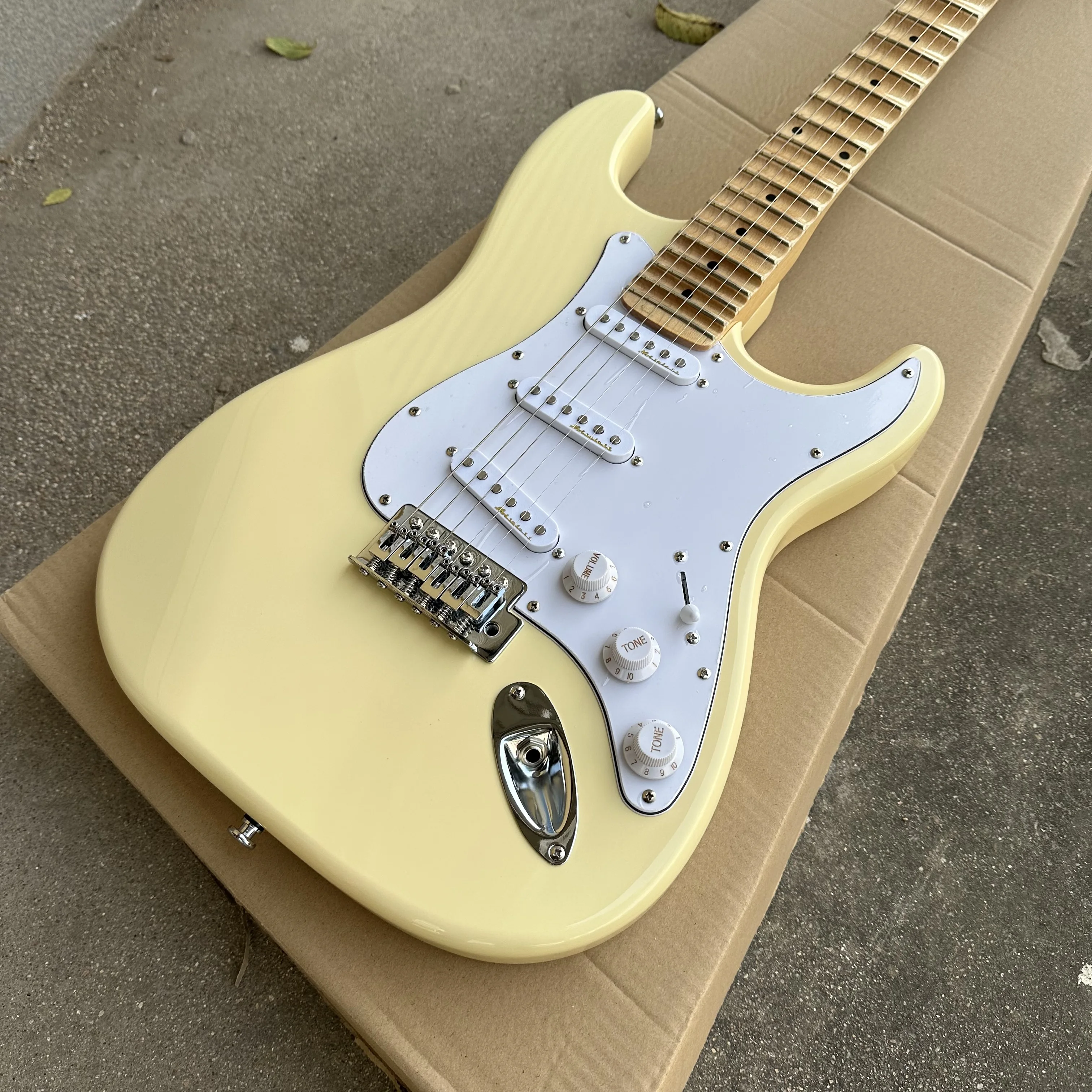 St yellow Electric Guitar Scalloped Maple Fretboard Big head white Pickguard 3S Pickups free shipping