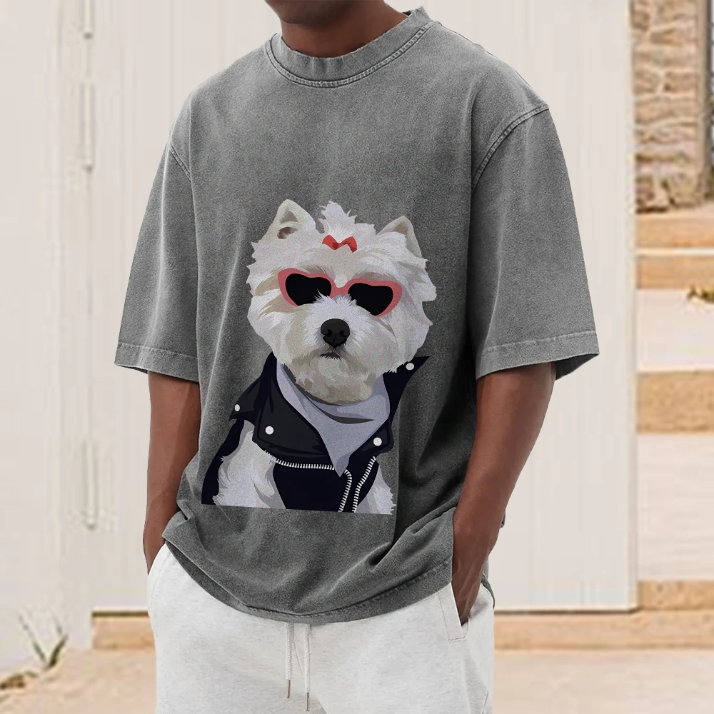 

Cool White Dog with Sunglasses & Jacket Print, Trendy & Adorable Y2K Graphic Tee, Soft Fabric for Fashionable Casual Looks