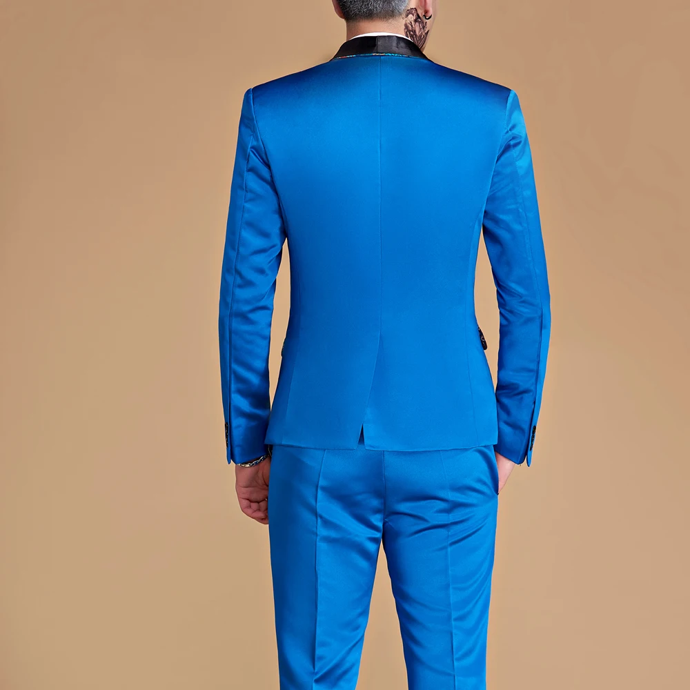 2022 Fashion New Men\'s Blue Stage Banquet Solid Color Suit Coat / Male Slim Wedding 2 Pieces Blazers Jacket Pants Trousers