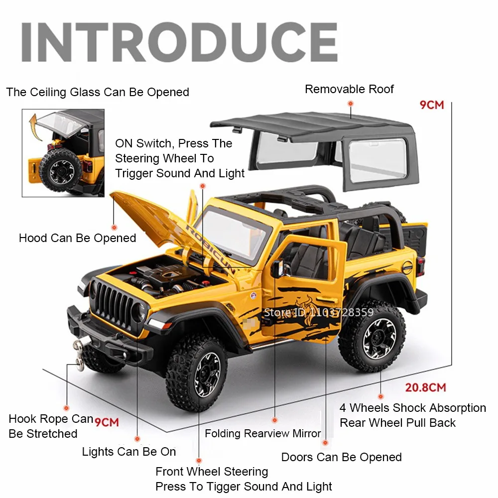 1:24 Scale Wrangler Mammoth Off-road Vehicle Model Toys Alloy Diecast Sound Light Doors Opened Pull Back Ornament for Kids Gifts