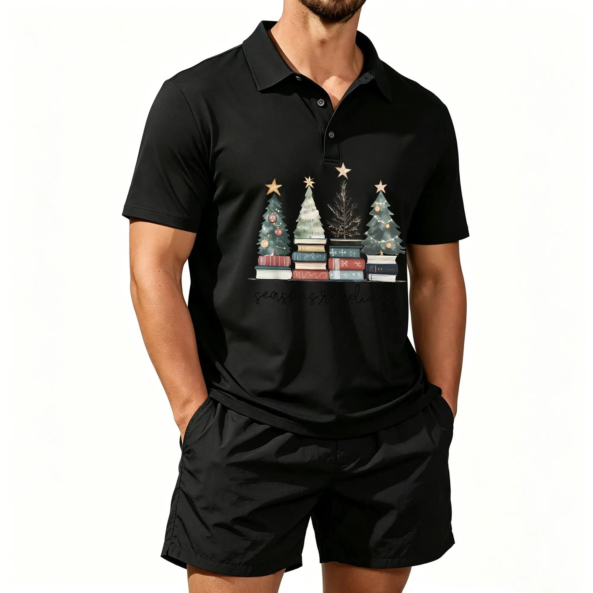 Men's Short-Sleeved Polo Shirt Set, Retro Season Reading Series, Pre-Ordered for Christmas Book Club, Suitable for Daily Wear and Outdoor Activities. Breathable, Soft, and Machine Washable.