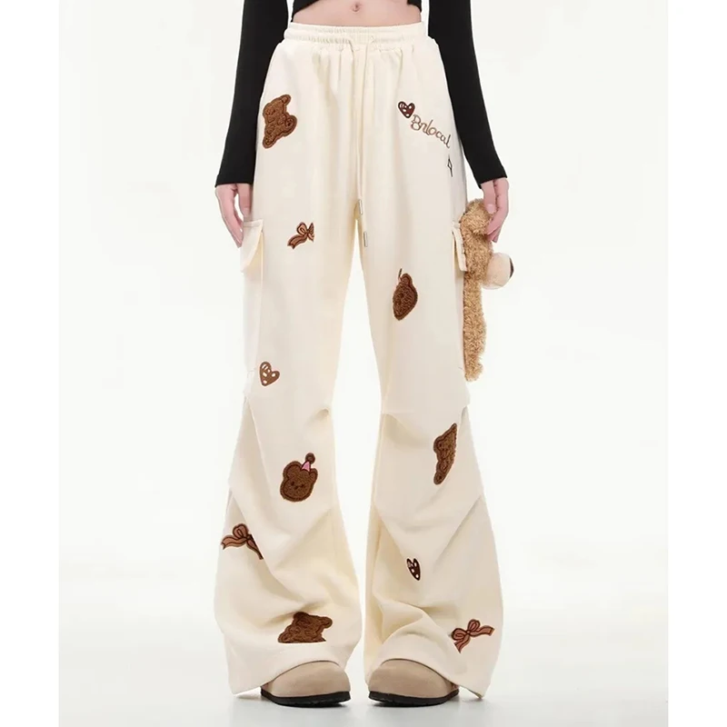Amerikanische Vintage Nette Bär Jogginghose Frauen Stickerei 3D Schöne Hose Hohe Taille Schwarz Harajuku Y2K Jazz Breite Bein Hosen
