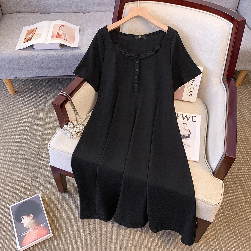 Plus-size women's summer casual commute loose comfortable dress Black crew-neck button A-line skirt short-sleeved long skirt big