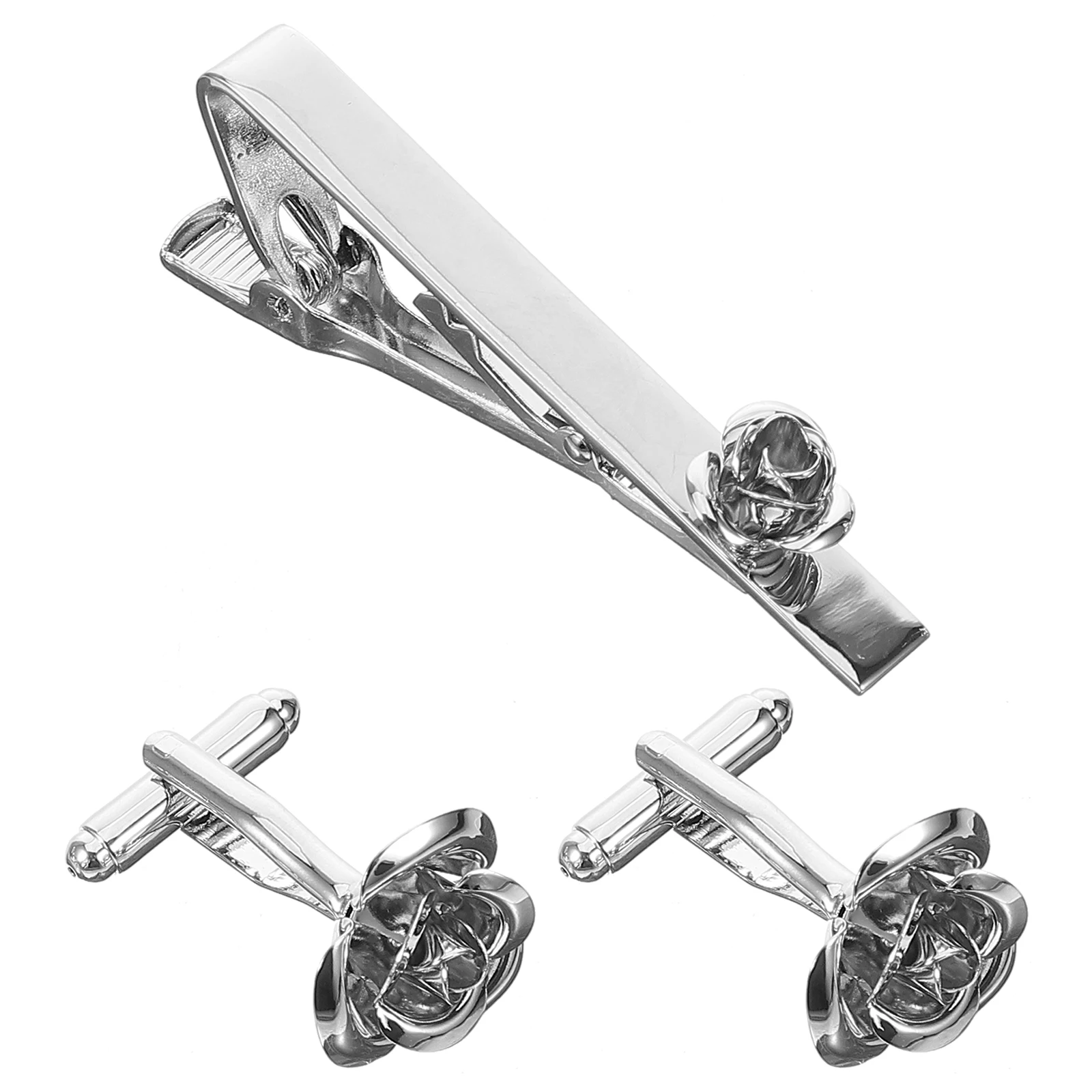 

Rose Cufflinks Tie Clip Men Durable Bright Silver Matching Shirts Ties Wedding Business Events Formal Gatherings