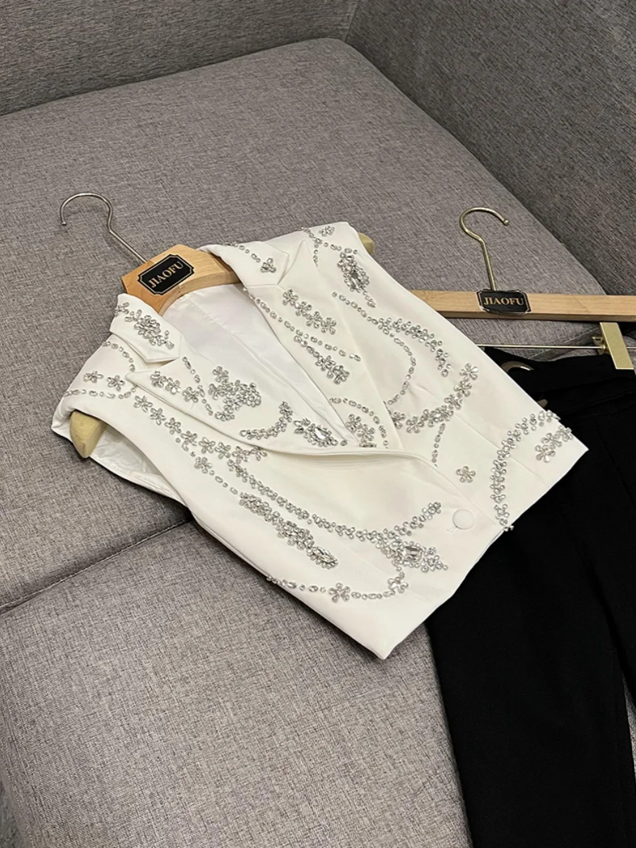 Fall Winter Faionable Women's Svel Heavy-Du Rhinestone Vest Jaet Commute Sle Regular Length One Button Closure