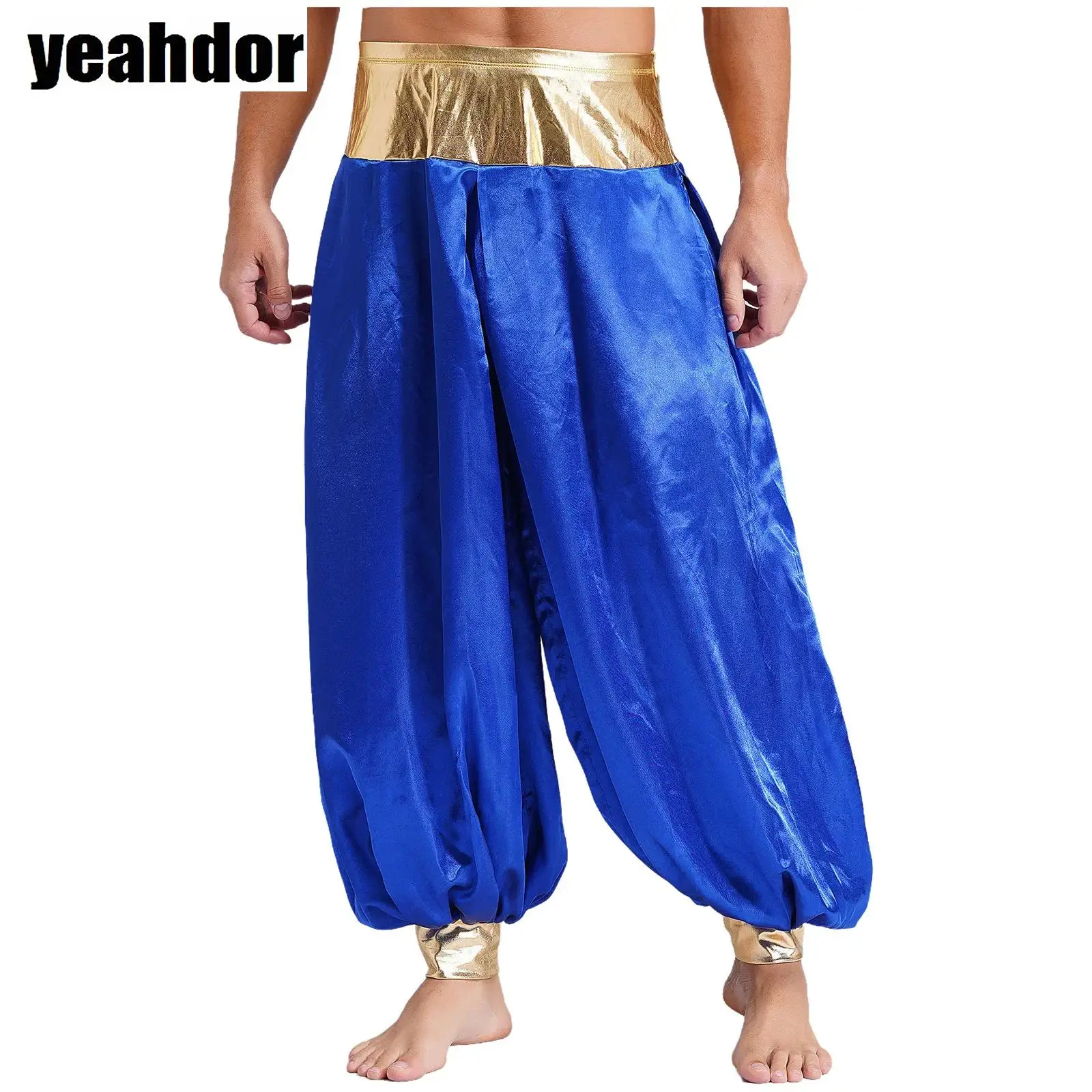 

Men Arabian Prince Pants Magical Hippie Harem Pants Shiny Metallic Lantern Pants for Stage Performance Halloween Cosplay Costume