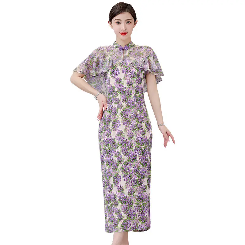 2023 Zomer Paarse Jurk Met Cape Mouwen Vrouwen Mode Elegante Slanke Hoge Split Retro Print Bloemen Verbeterde Qipao Z1814