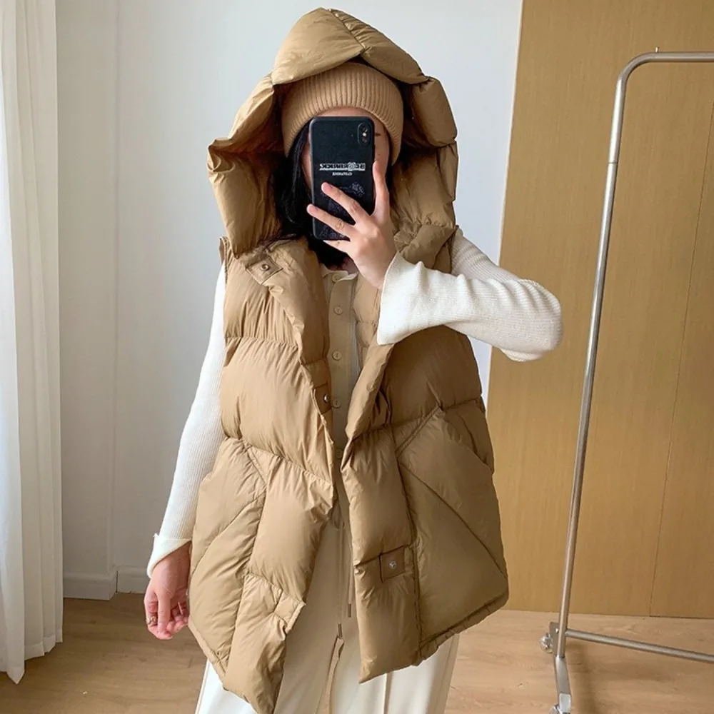 2024 Autumn Winter Down Hooded Waistcoat Woman Down Sleeveless Jacket Warm Streetwear Pockets Oversize Puffer Coat Outerwear