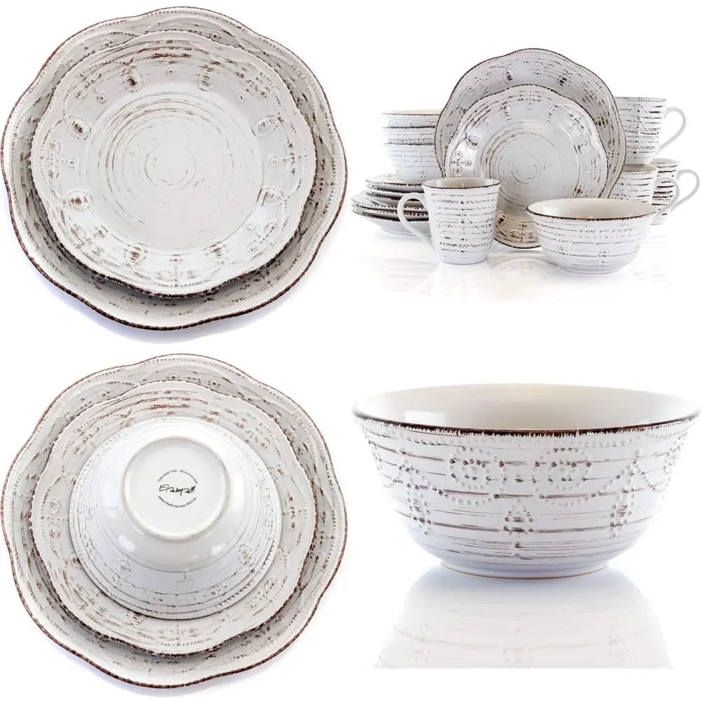 

Набор столовой посуды из керамогранита с зубчатыми краями белого цвета с акцентами в деревенском березовом коричневом цвете