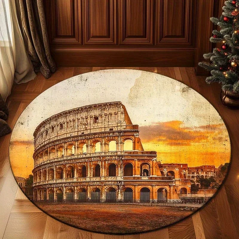 Round Crystal Velvet Rug Roman Colosseum Sunset Print Living Room Decor Antique Style Floor Mat Home Decoration Artistic Design