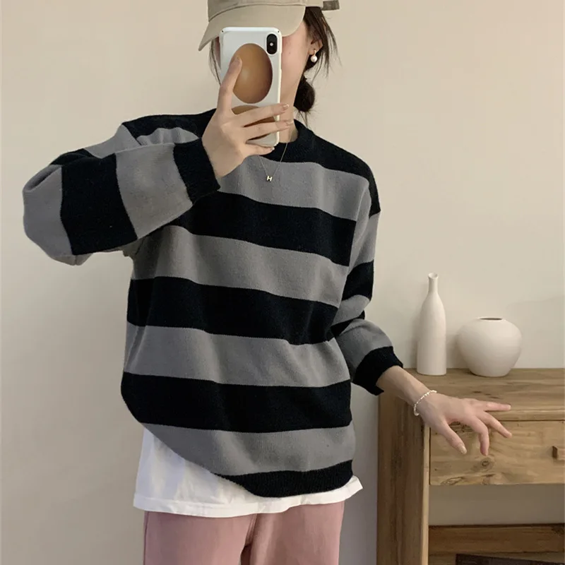 

Fall and Winter Women Pullover Sweater Korean Fashion Wide Striped Round Neck Loose Oversized Knitted Tops Thickened Warm Jumper