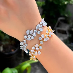 CWWZircons Gorgeous White Cubic Zirconia Setting Wide Big Leaf Bracelets Bangles for Brides Wedding Jewelry Accessories CB266