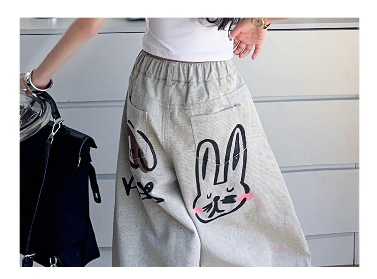 American Girl Baggy Washed Jeans Kinder Retro Harajuku Cartoon Print Denimhose Kinder Hip Hop Streetwear Hose mit Zeichnungen – Detail 12