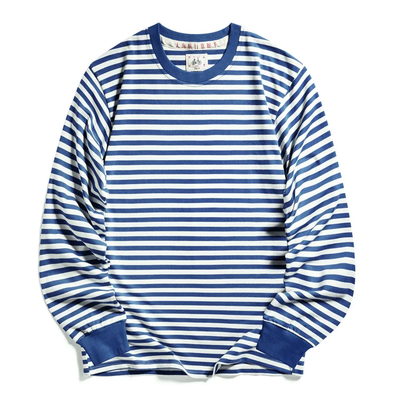 

Retro National Trend Long Sleeve Nautical Shirt Vintage Men's T-Shirt Sailor Outfit Nostalgic Pure Cotton Base Shirt Blue Whi...