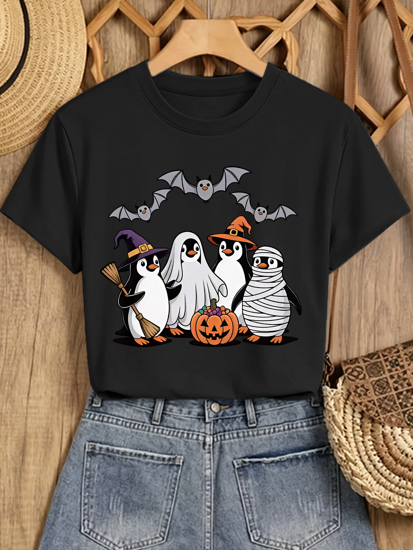 Ladies' Elegant Short Sleeved Penguin Witch Ghost Pumpkin Cartoon Printed Round Neck T-shirt Elegant Retro Comfortable Soft Top