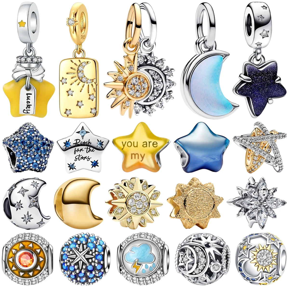 925 Silver Blue Lucky Stars Moon Sun Charms Diamond Exquisite Beads Exquisite Craft Decor Fit Bracelet DIY Fine Jewelry Gift