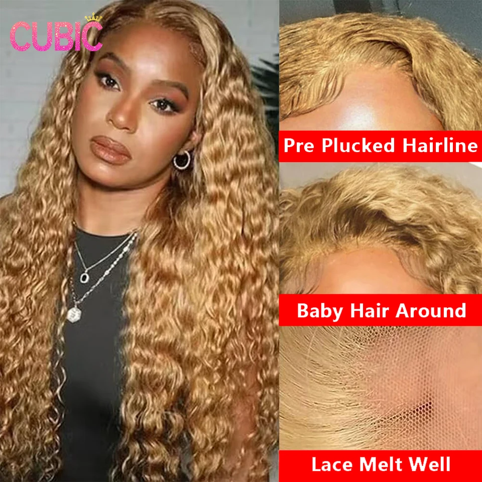 Perruque Lace Front Wig Naturelle Bouclée, Cheveux Humains, Deep Wave, Couleur Blond Miel #27, 13x4 HD, Densité 200%, Pre-Plucked