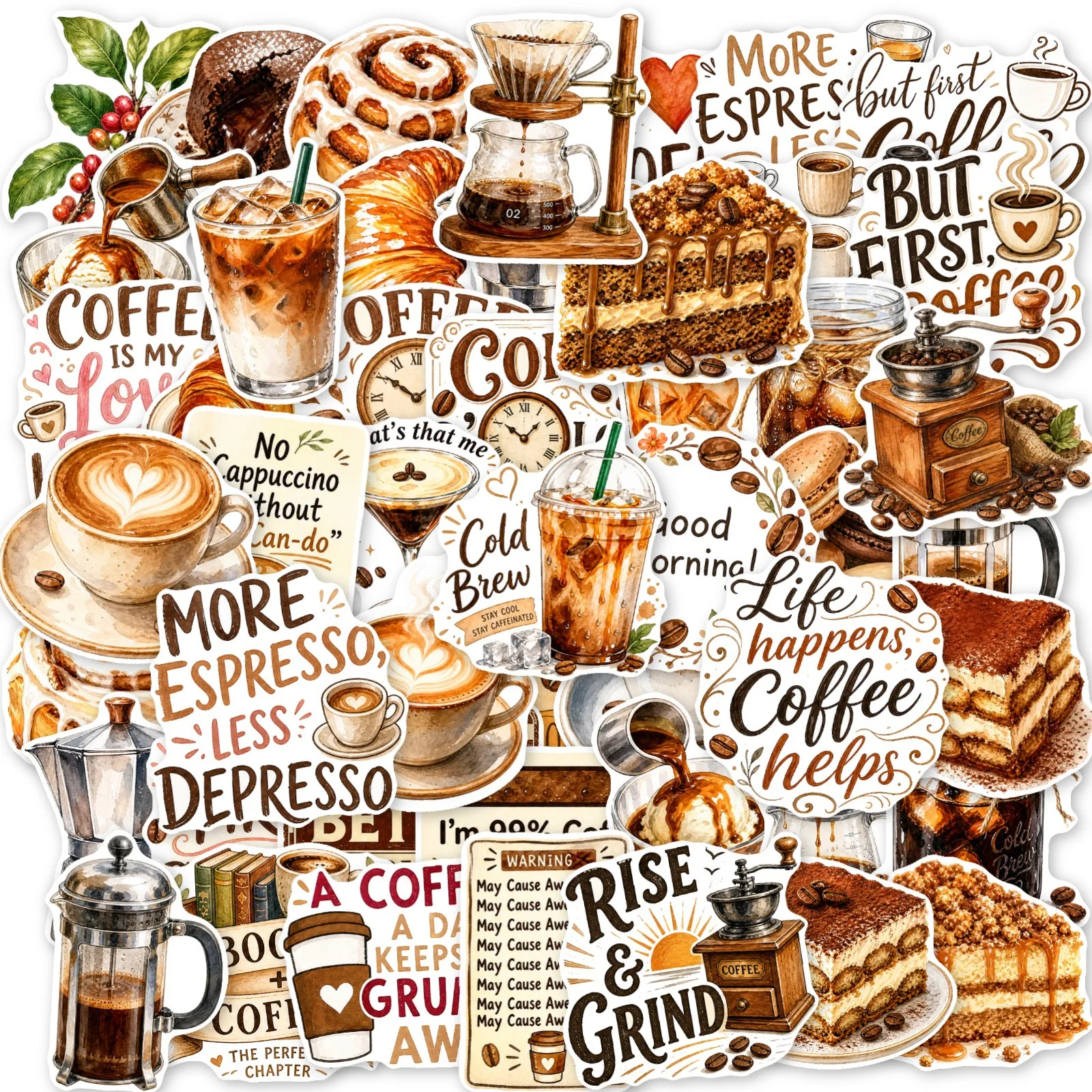 10/30/50PCS Vintage Watercolor Coffee Dessert Stickers Cake Funny Cafe Slogan DIY Decor For Phone Laptop Graffiti Sticker Pack