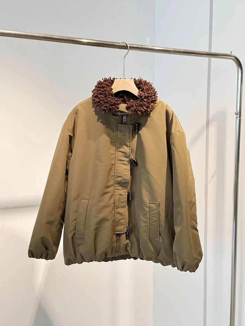 Women's Parka Solid Color Faux Fur Roll Collar Zip Up Thickened Lined Coat Autumn Winter Loose Warm Short Outerwear