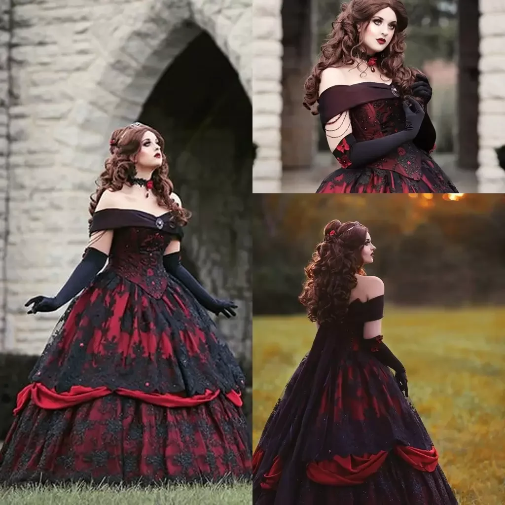 Gothic Medieval Red And Black Lace Ball Gown Wedding Dress Vintage Victorian Lace-up Corset Off Shoulder Customized Bridal Gown