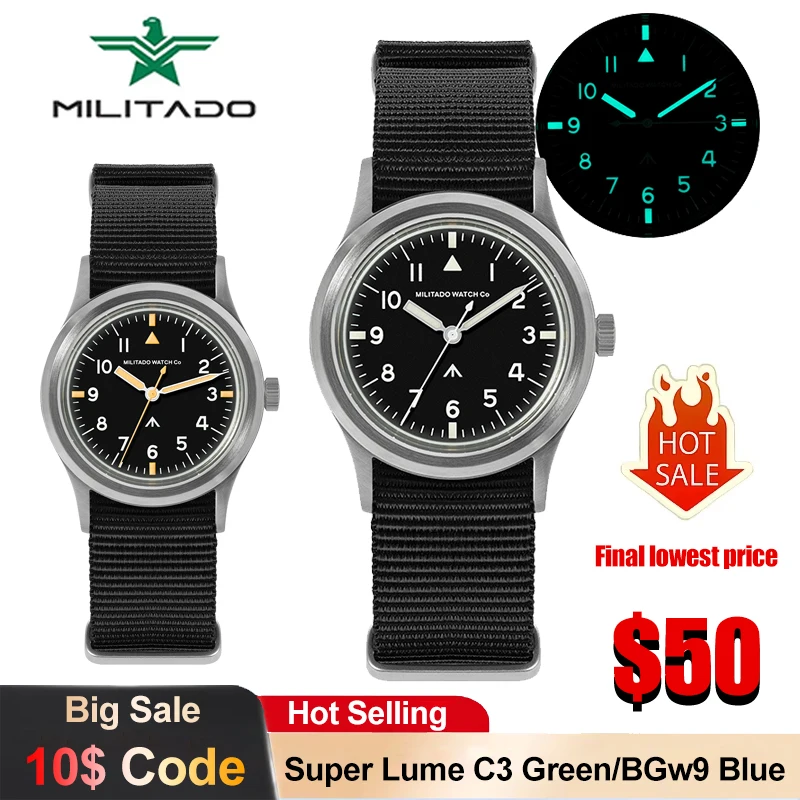 

Militado ML13 Кварцевые часы Miyota Super 2035 Механизм Bubble K1 Стекло AR-покрытие Ретро Часы 100 м Водонепроницаемые светящиеся мужские часы