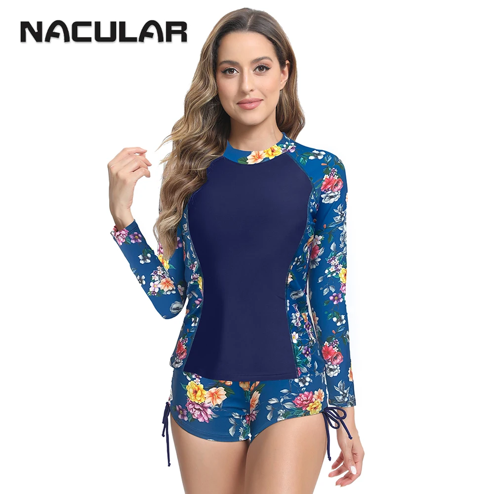 NACULAR Long Sleeve Swimsuit Women Rash Guard Printed Sport Tankini Surfing Swimwear Two Pieces Bathing Suit Beachwear 2024