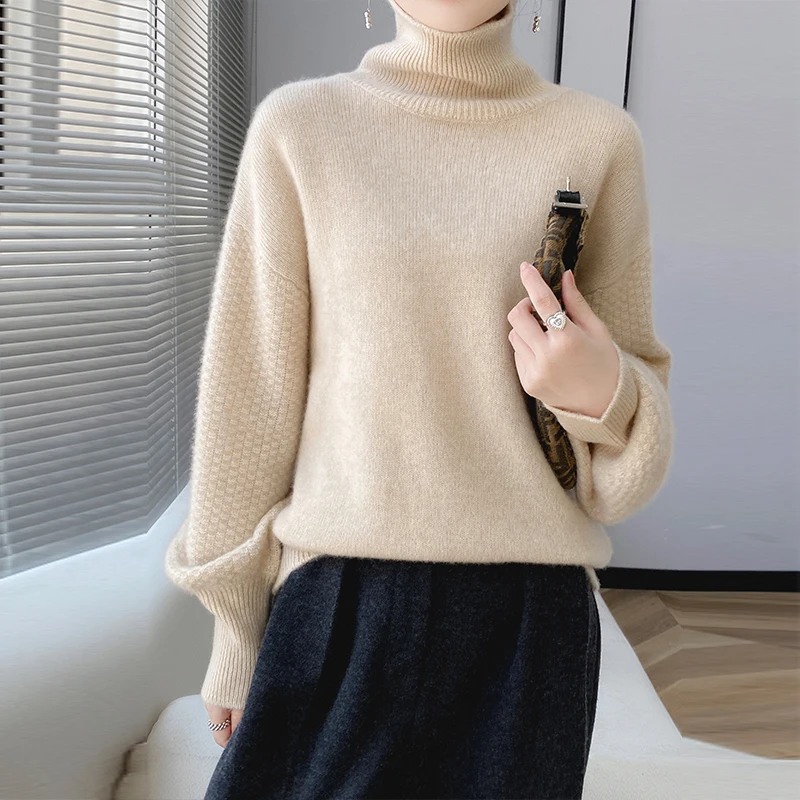 

Check autumn and winter new 100% cashmere loose fashion cashmere sweater women's turtleneck pullover warm bottom knit shirt top