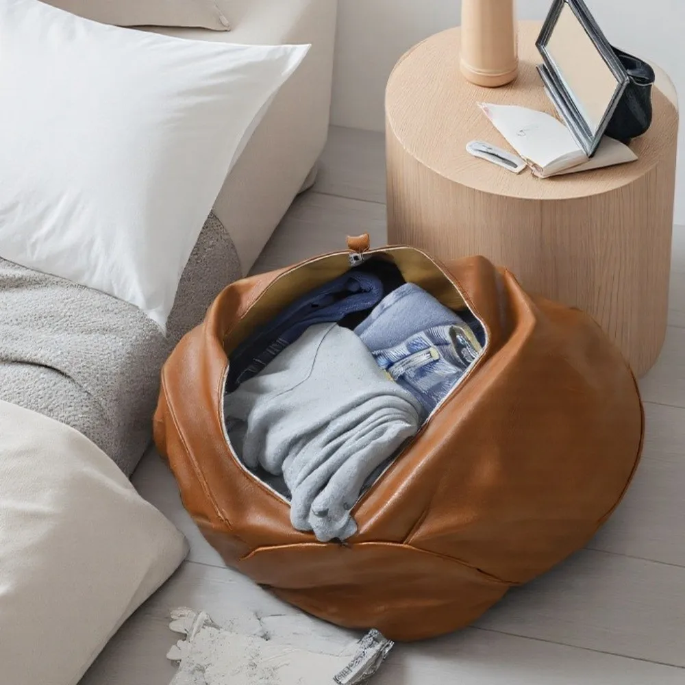 Vintage Round Pumpkin Pouf Cover Leather Large Capacity Footstool Cover Decorative Storage Bag Bay Window
