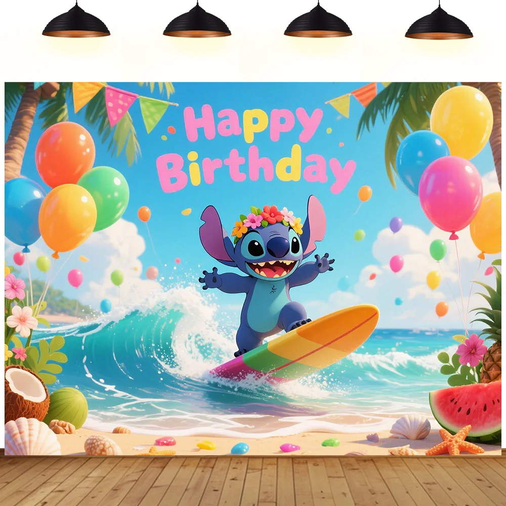 

Birthday background cloth Stitch Stitch happy birthday party Children's Day Lilo Stitch summer Hawaii film decoration backdrop