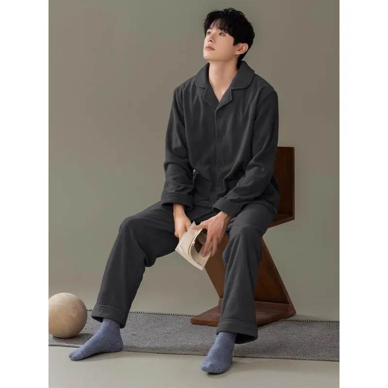 

Gentleman Reversible Fleece Pajamas Man Autumn and Winter Warm Teenager Coral Fleece Loose Large Size Loungewear Men Pajamas