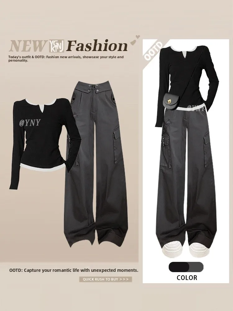 

Женская длинная футболка с высокой талией и широкими штанинами в стиле ретро, комплект из двух предметов, осенняя модная повседневная футболка