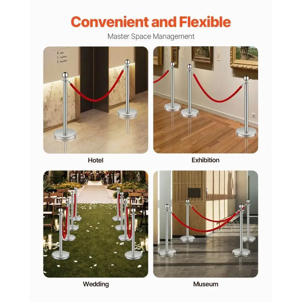 Elegant Stanchions with Velvet Ropes Set of 4 Stainless Steel Posts Crowd Control Barriers Red Carpet Event Decor