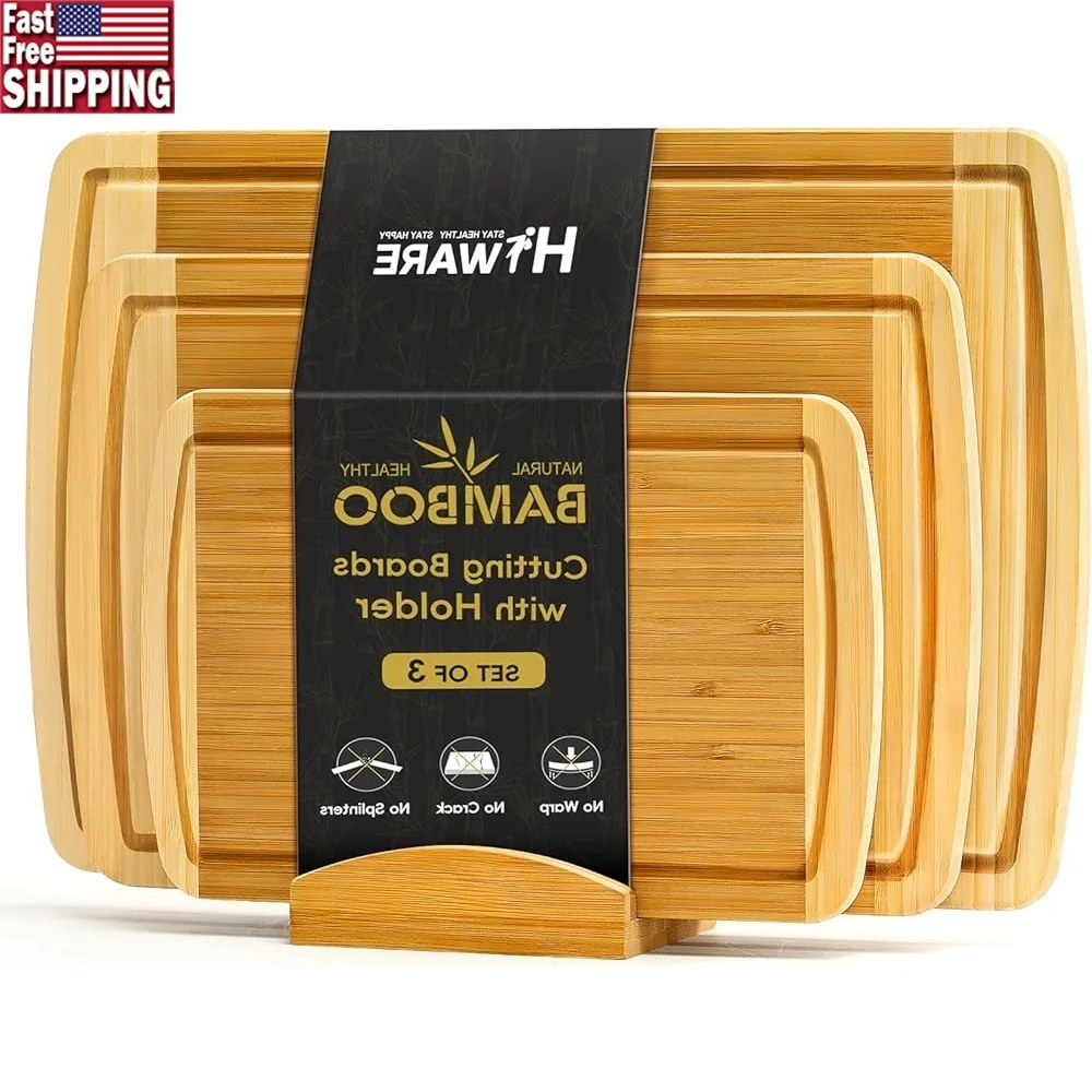 

Extra Large Bamboo Cutting Board with Holder Juice Groove Built-in Handles Reversible Stain Resistant Durable Kitchen Accessory