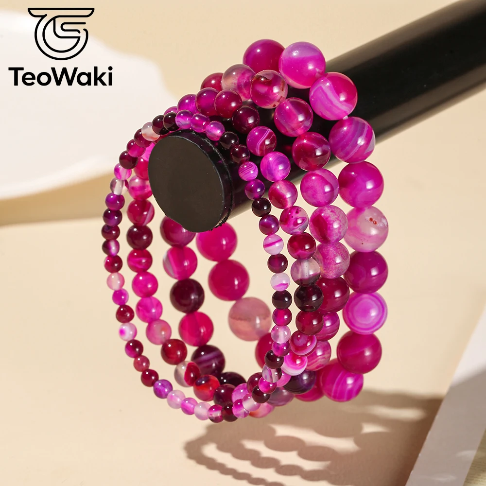 TeoWaki 4/6/8/10mm Natural Fuchsia Stripe Agate Elastic Bracelet for Women Men Stress Reduction Maintaining Mental Balance 19cm
