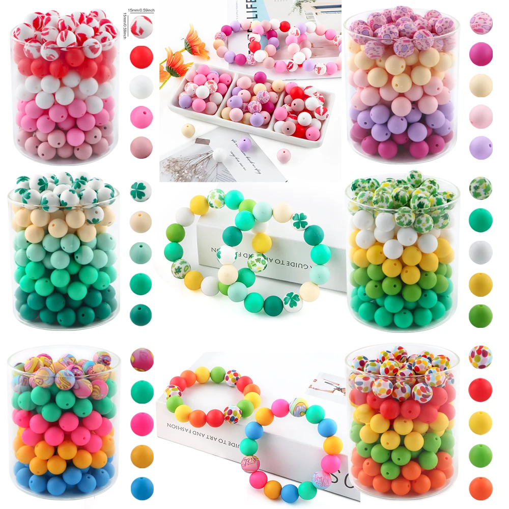 20-50Pcs 15MM Valentine's Day Style Silicone Beads Print Beads Mix For Jewelry Making DIY KeyChain Bracelet Necklace Accessories