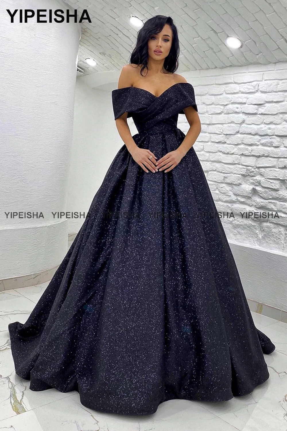 Yipeisha Off-shoulder Navy Blue Prom Dresses 2024 Glitter A-line Evening Dress Long Party Gown for Banquet Robe de Bal