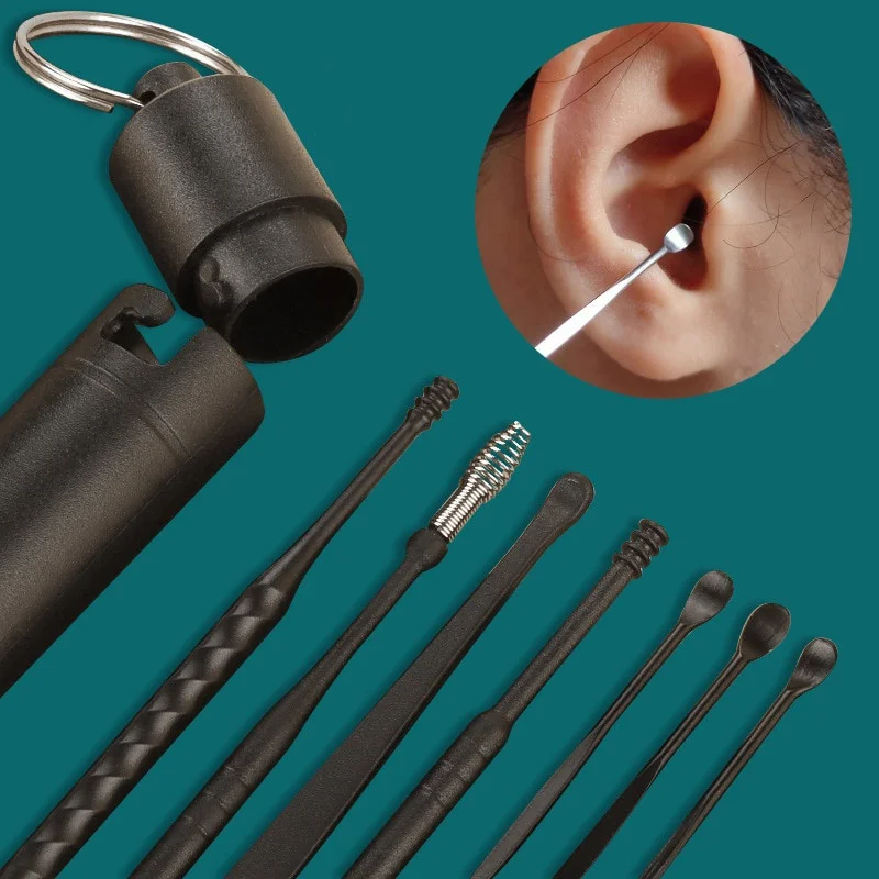 14Pcs(1set Black+1set Yellow) Stainless Steel Earpick Ear Cleaner Spoon Ear Care Cleaning Tool Ear Wax Removal Kit Tool