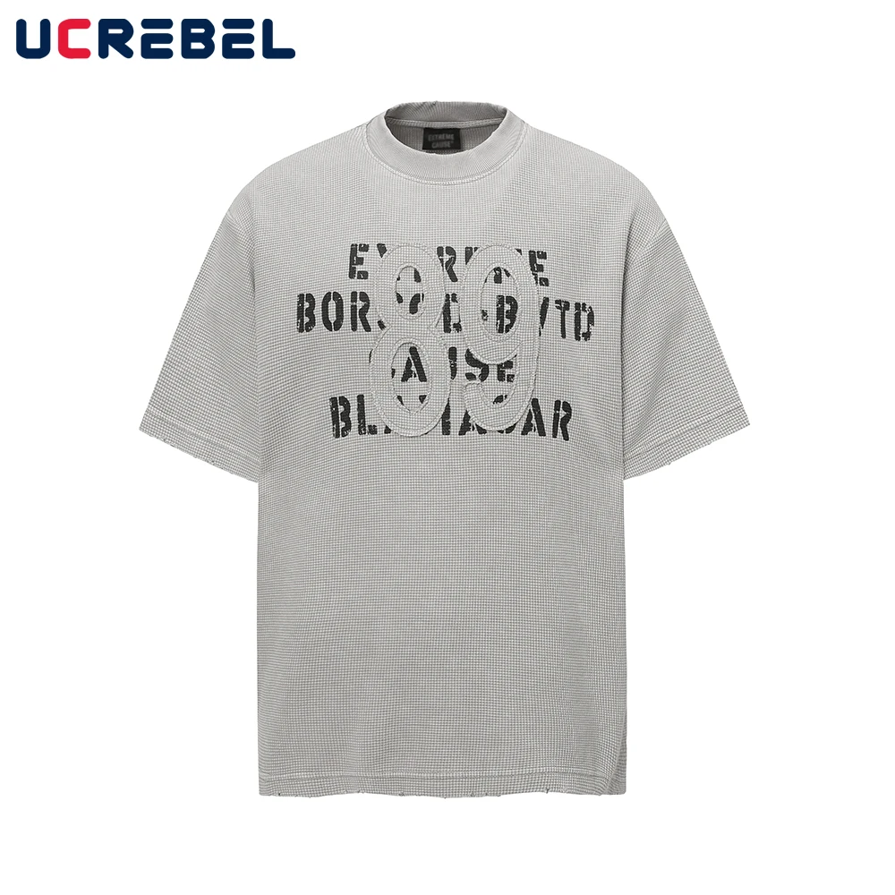 

Letter Patch Waffle Texture Short Sleeve T-shirt Mens Print Retro High Street Summer Crew Neck Half-Sleeve Cotton Tee Men