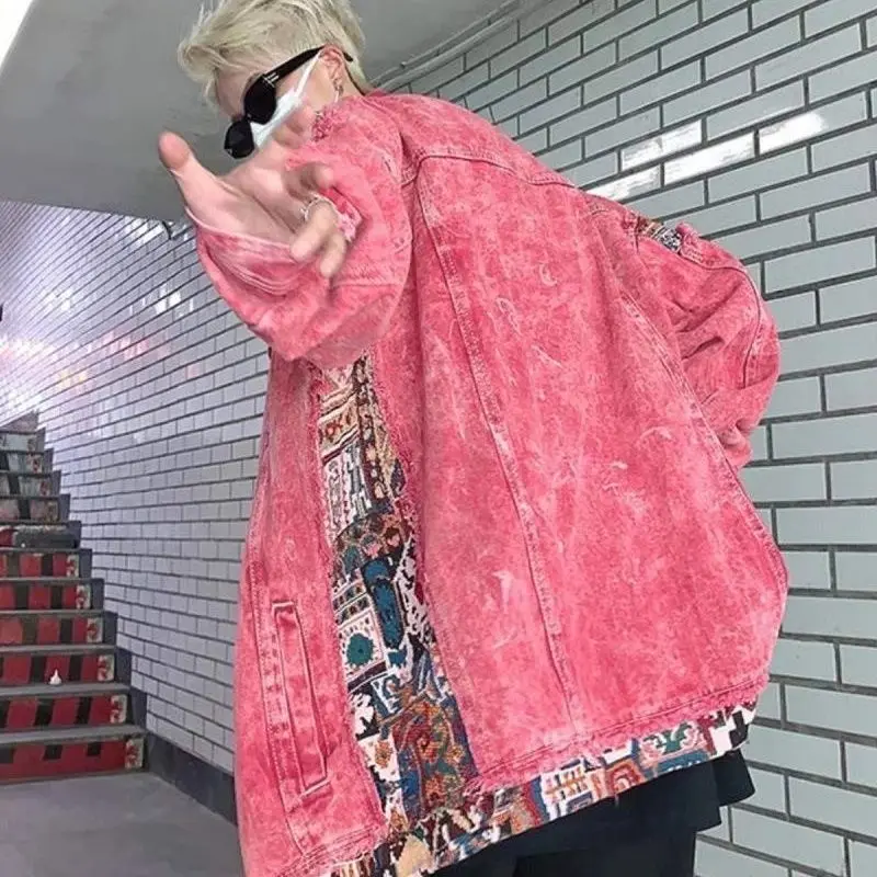 

Autumn Male Jean Coats Clothing Korean Popular Clothes Original Japanese Retro Fast Delvery Fashion Worn Pink Men's Denim Jacket