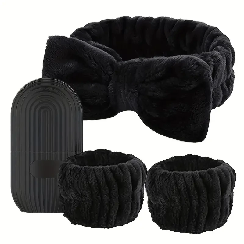 4pcs Silicone Facial Care Set - Facial Cooling and Swelling Ice Roller, Bow Soft Plush Headband and Plush Wristband