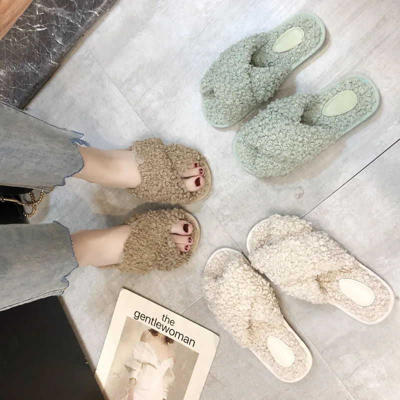 Cross Band Home Fur Slides Ladies Curly/straightly Femmes Pantufles Mixed Colors Comfy Indoor Fluffy Slippers Sexy