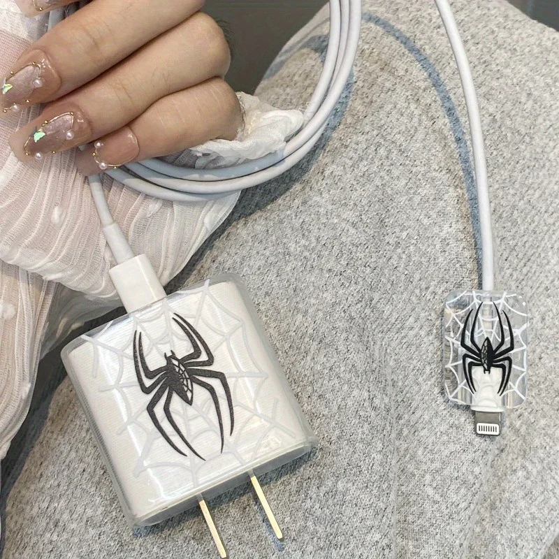 Durable TPU Spider Pattern Charger & Cable Protector Set for IPhone 20W Adapter - Port Protection, Ideal Gift, No Battery