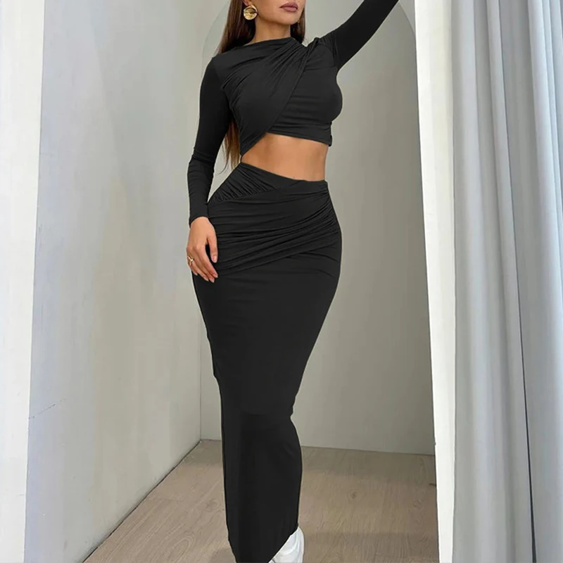 OMSJ Round Neck Irregular Cross Pleated Long-sleeved Crop Tops+Tight Wrap Mid-length Skirts Sexy Casual Two-piece Street Outftis