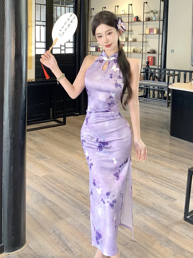 

Ele винтажная китайская сексуальная облегающая юбка для похудения Dr Ne Hanging oulder Exposure Qipao, длинная юбка с талией