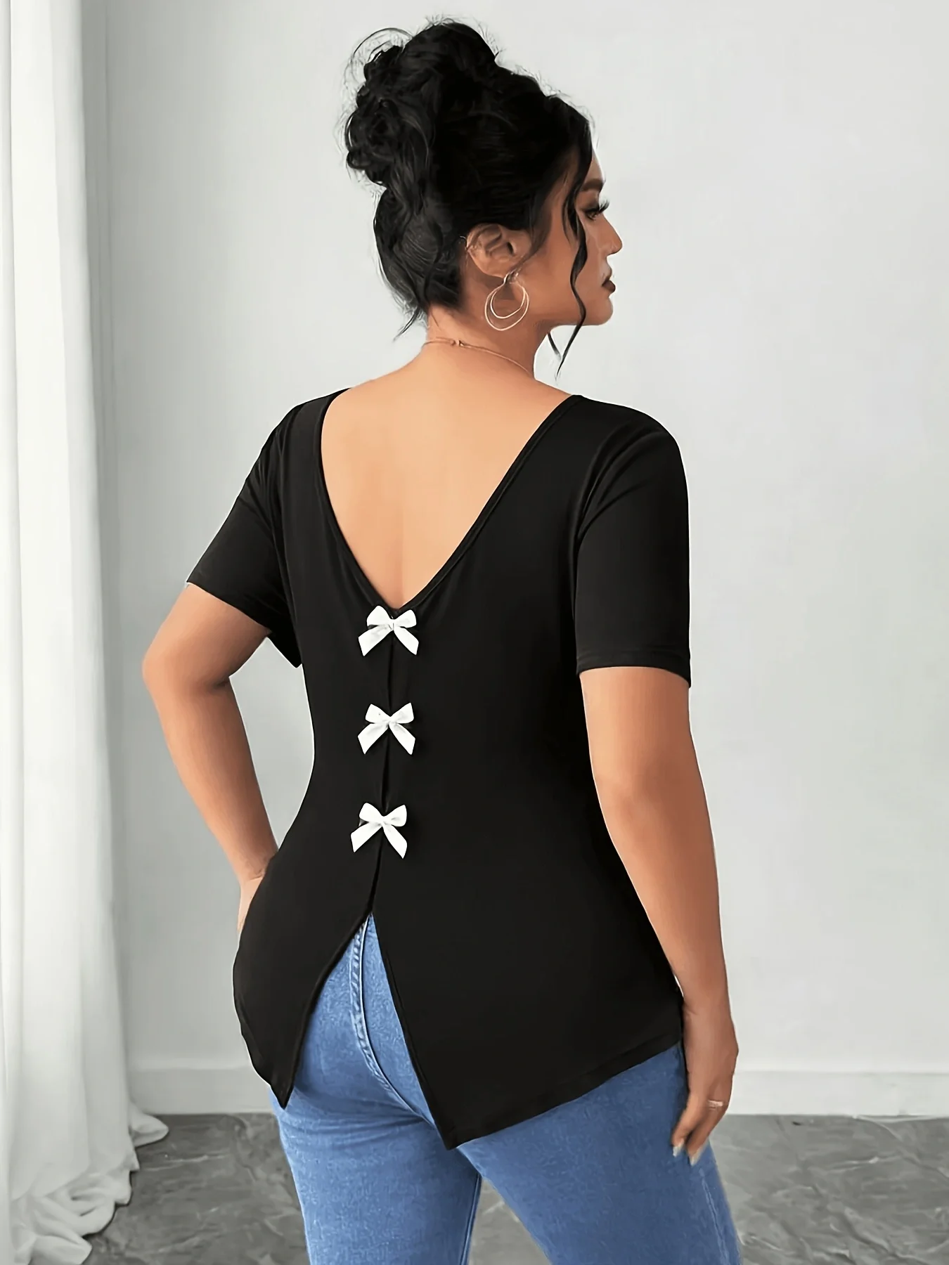 

plus Size Women's Summer New Butterfly Knot V-Neck Casual Fashion Short Sleeve T-Shirt