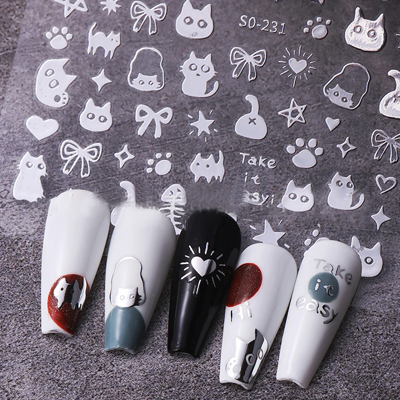 1Sheet 3D Black Cartoon Cute Cat Nail Stickers Cat Stars Letters Nail Sliders Y2K Korean Japanese Nail Art Manicure Decors