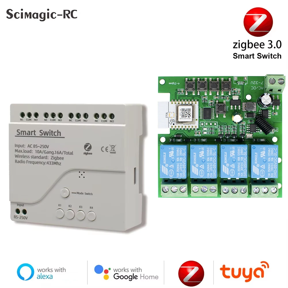 

4 Channel Zigbee Smart Remote Control Switch 7V-250V Automatic RF433 4CH Relay Module Interrupter Dry Contact Gateway Required