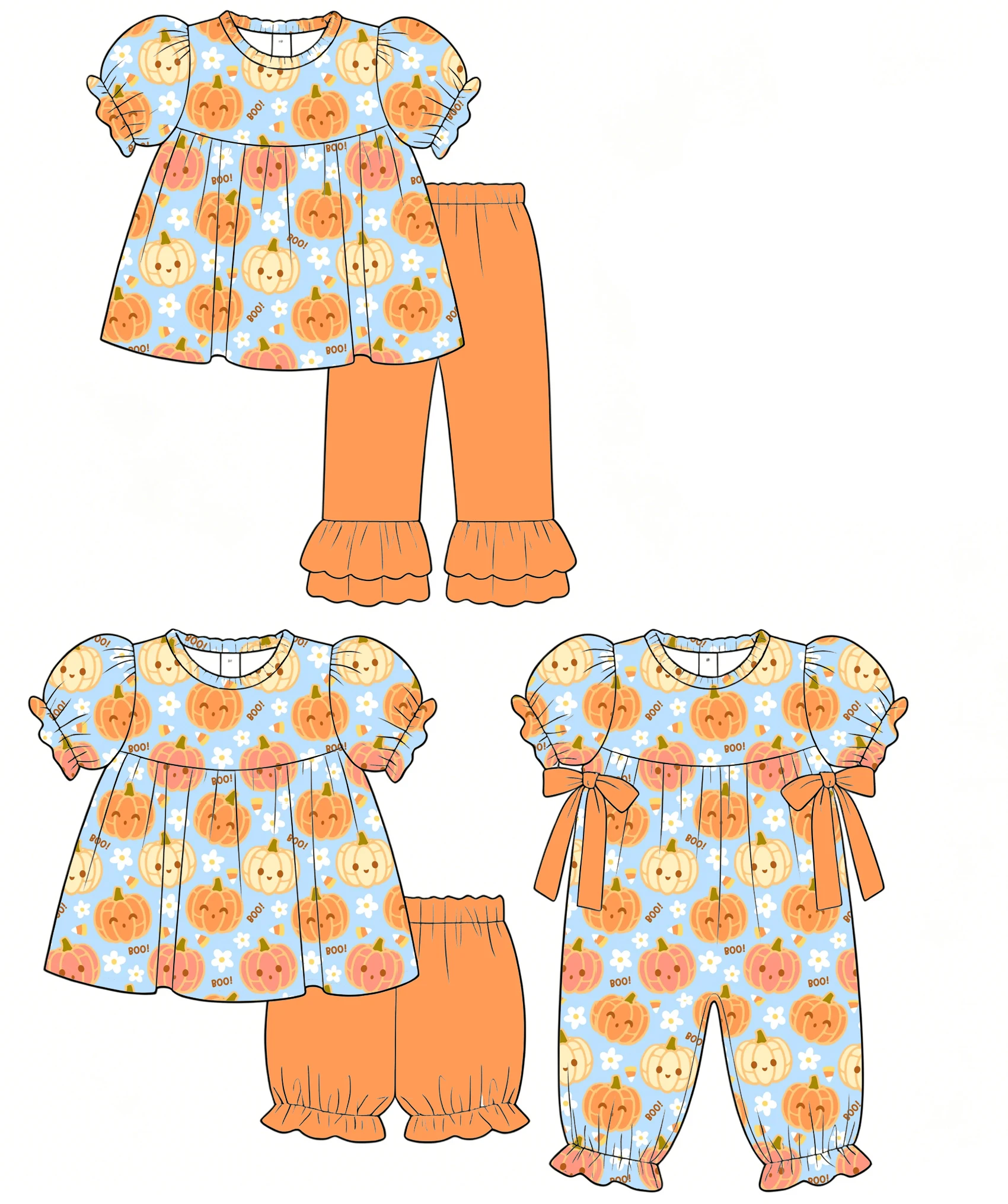 Boutique children's clothing sets Thanksgiving and Halloween Bow decoration sisters outfits pumpkin print