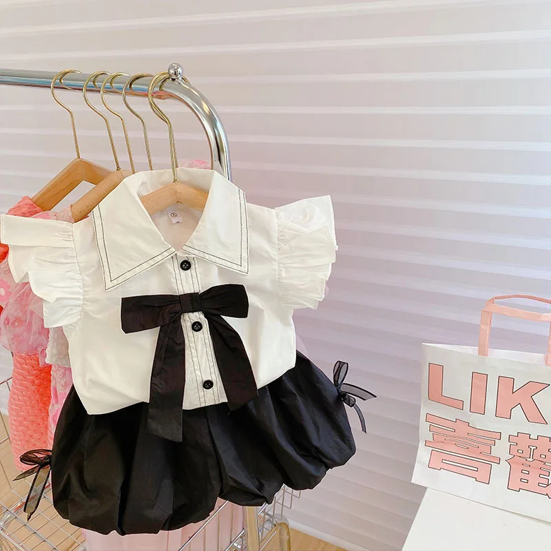 

Fashion Baby Girls Summer Clothes Set Flying Sleeve Bow Blouse+Black Bud Shorts 2022 New 1-6Years Kids Boutique Outfits