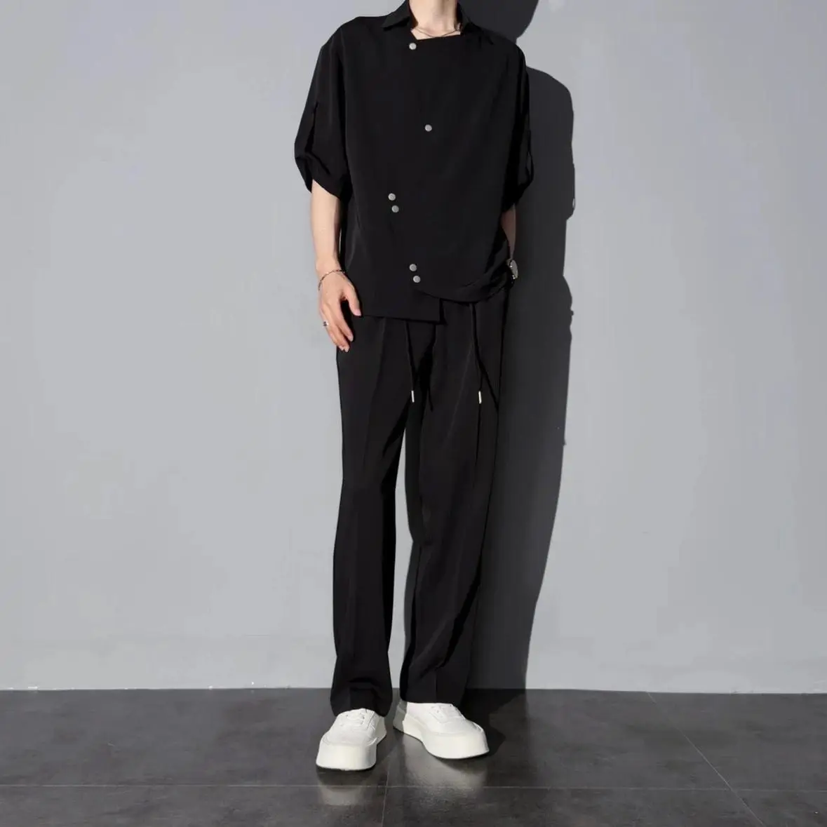 2026 Spring/Summer Casual Ice Silk Shirt Set - Asymmetric Irregular Lapel Short Sleeves Trendy Men's Loose Fit 2-Piece Set
